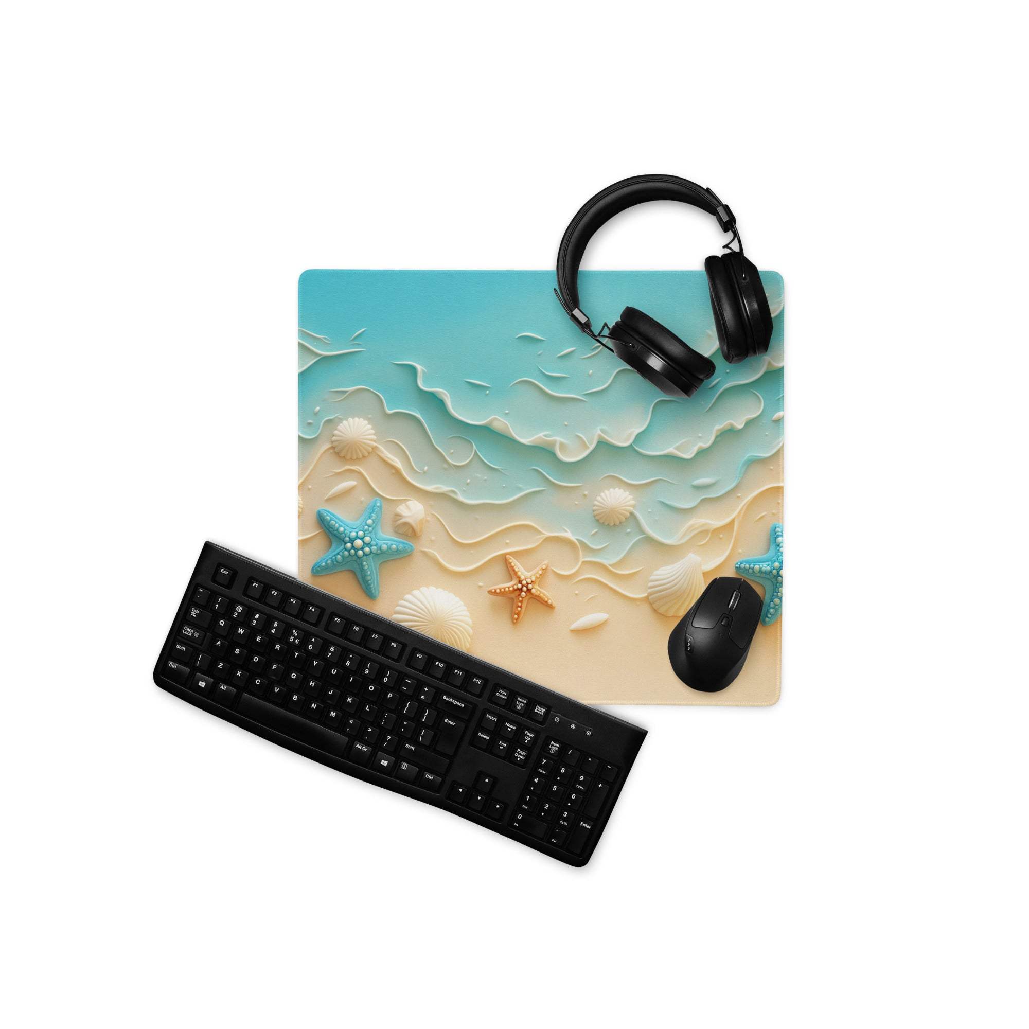 Bright turquoise beach ocean gaming mouse pad with wave texture, starfish, shells