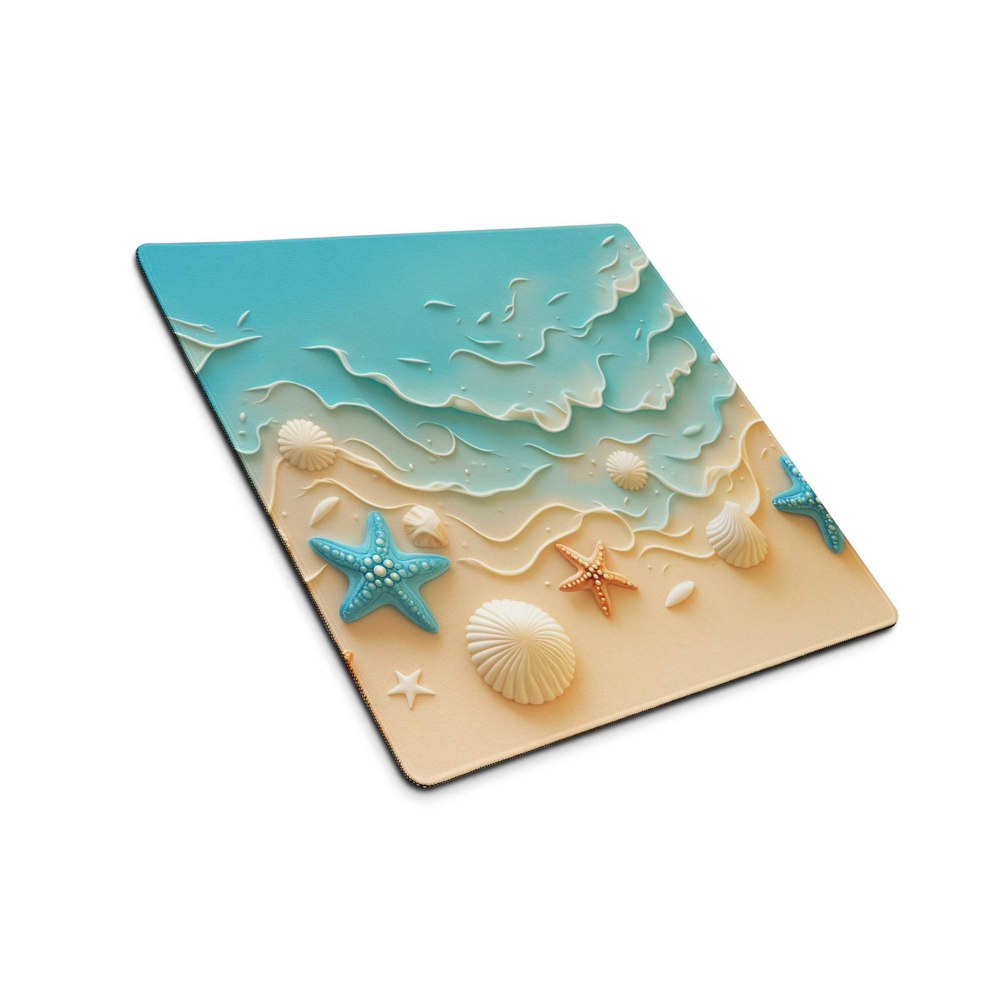 Beige turquoise ocean gaming mouse pad with raised starfish shells waves
