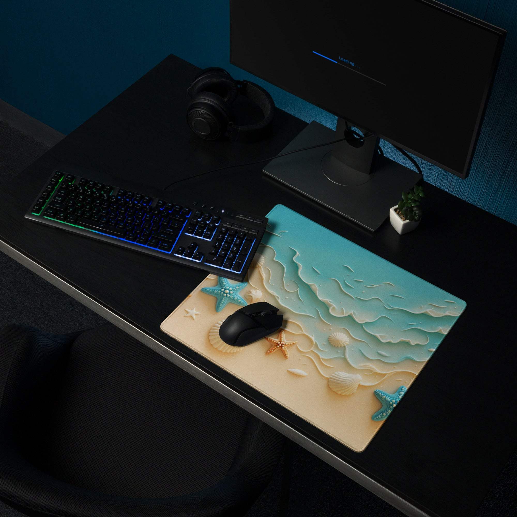 Bright turquoise ocean theme gaming mouse pad with raised starfish shells waves
