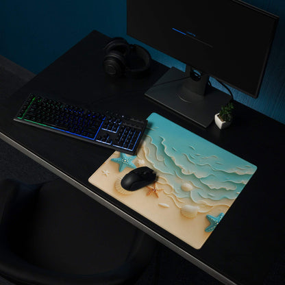 Bright turquoise ocean theme gaming mouse pad with raised starfish shells waves
