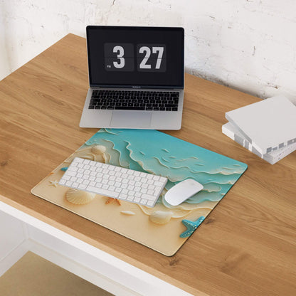 Beige teal ocean mousepad with seashells starfish waves non-slip base