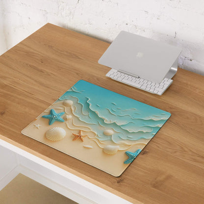 Bright turquoise beach ocean gaming mouse pad with wave texture, starfish, shells, non-slip base