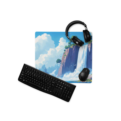 Anime landscape waterfall gaming mouse pad with keyboard and headset