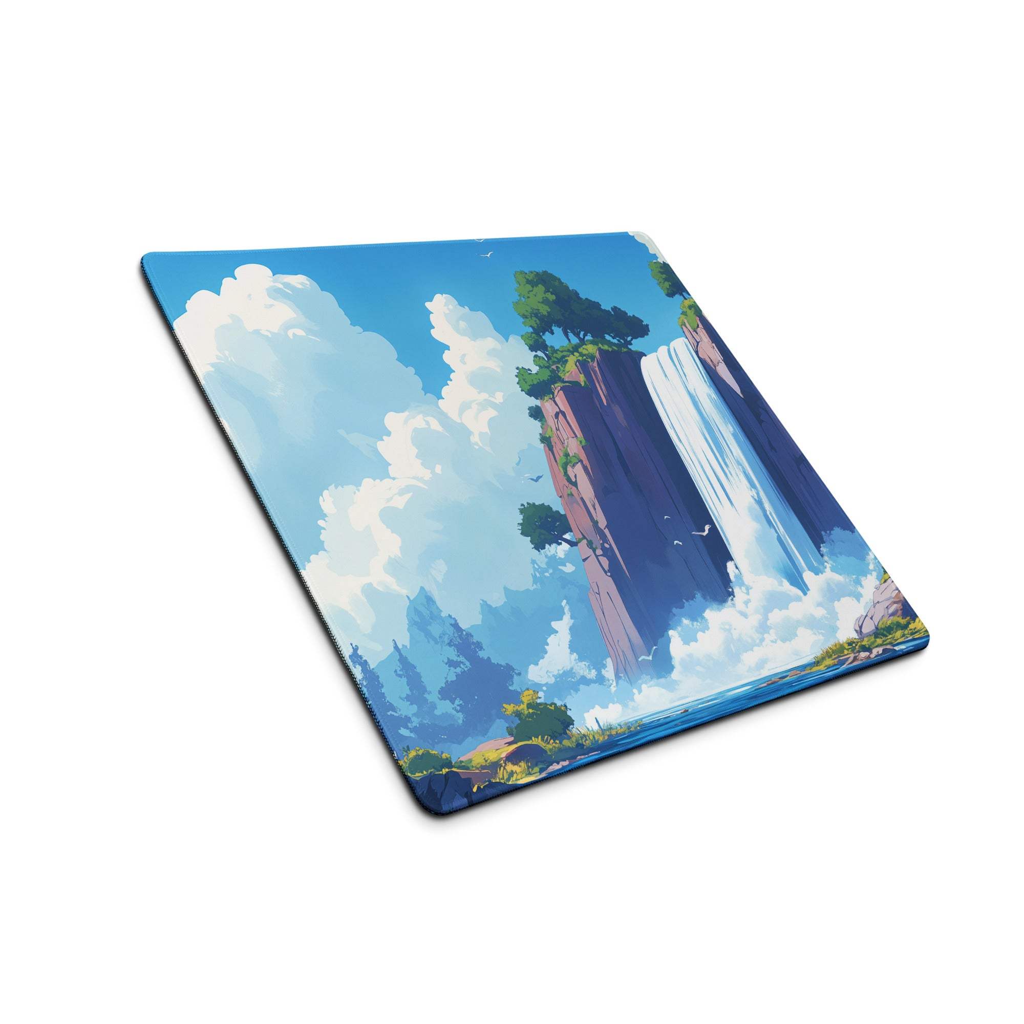 Anime landscape waterfall gaming mouse pad with vibrant blues and lush greens
