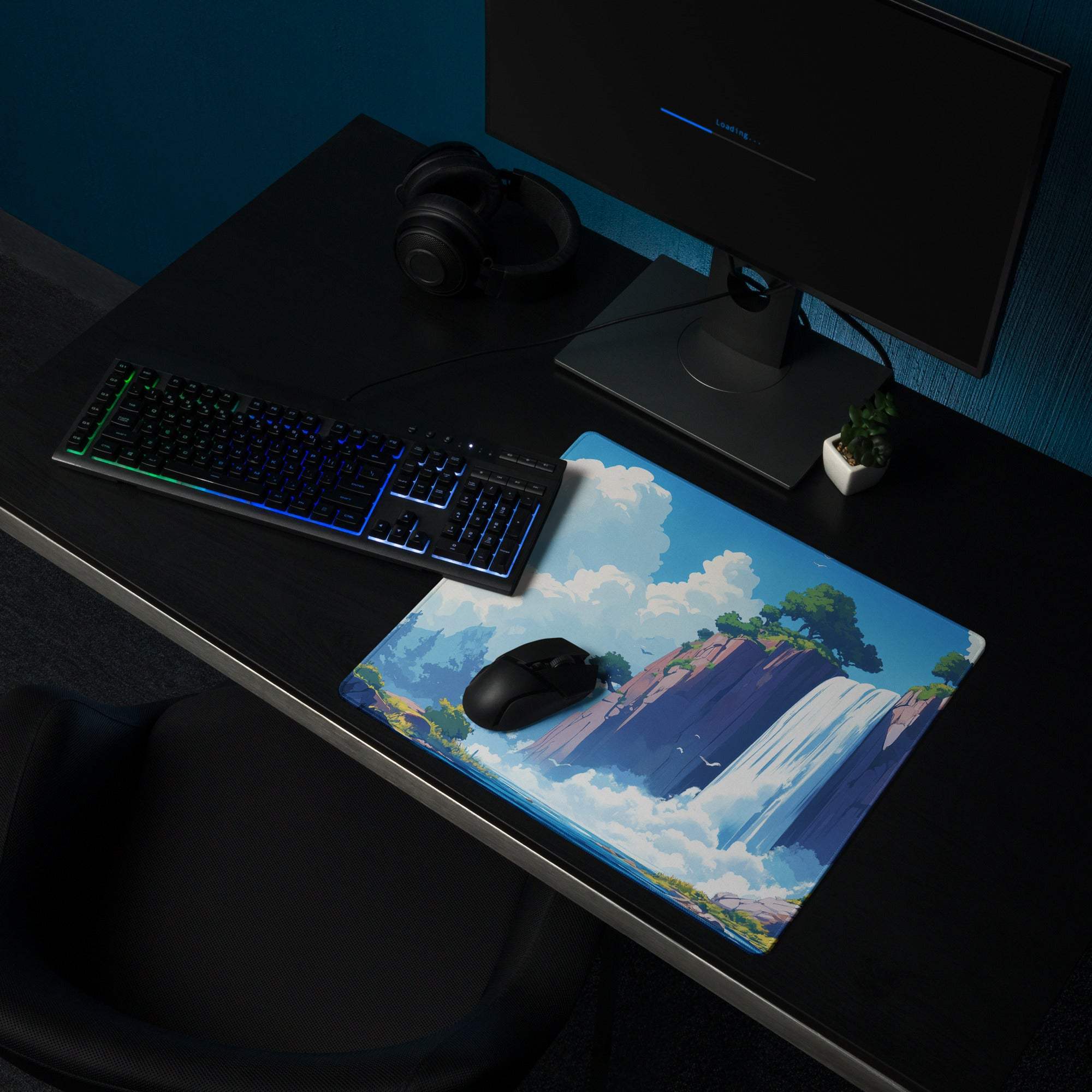 Anime waterfall gaming mousepad with vibrant blues and lush greens