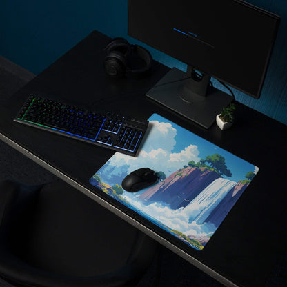 Anime waterfall gaming mousepad with vibrant blues and lush greens