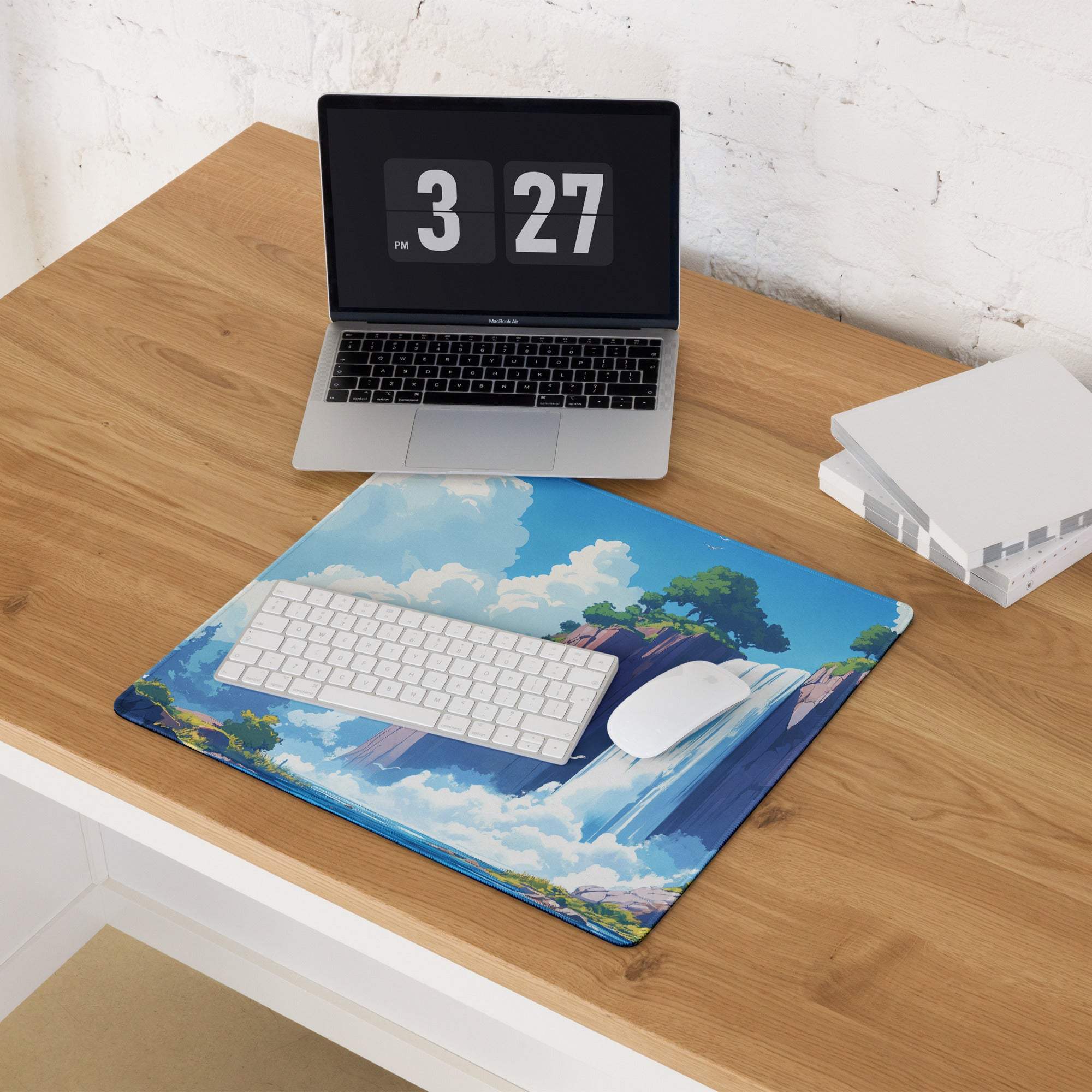 Blue anime waterfall floating island gaming mouse pad with vibrant blues greens