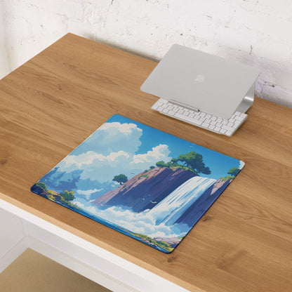 Blue white waterfall anime gaming mouse pad with vibrant blues lush greens