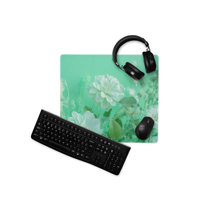 Mint green floral large gaming mouse pad with white blossoms, non-slip base