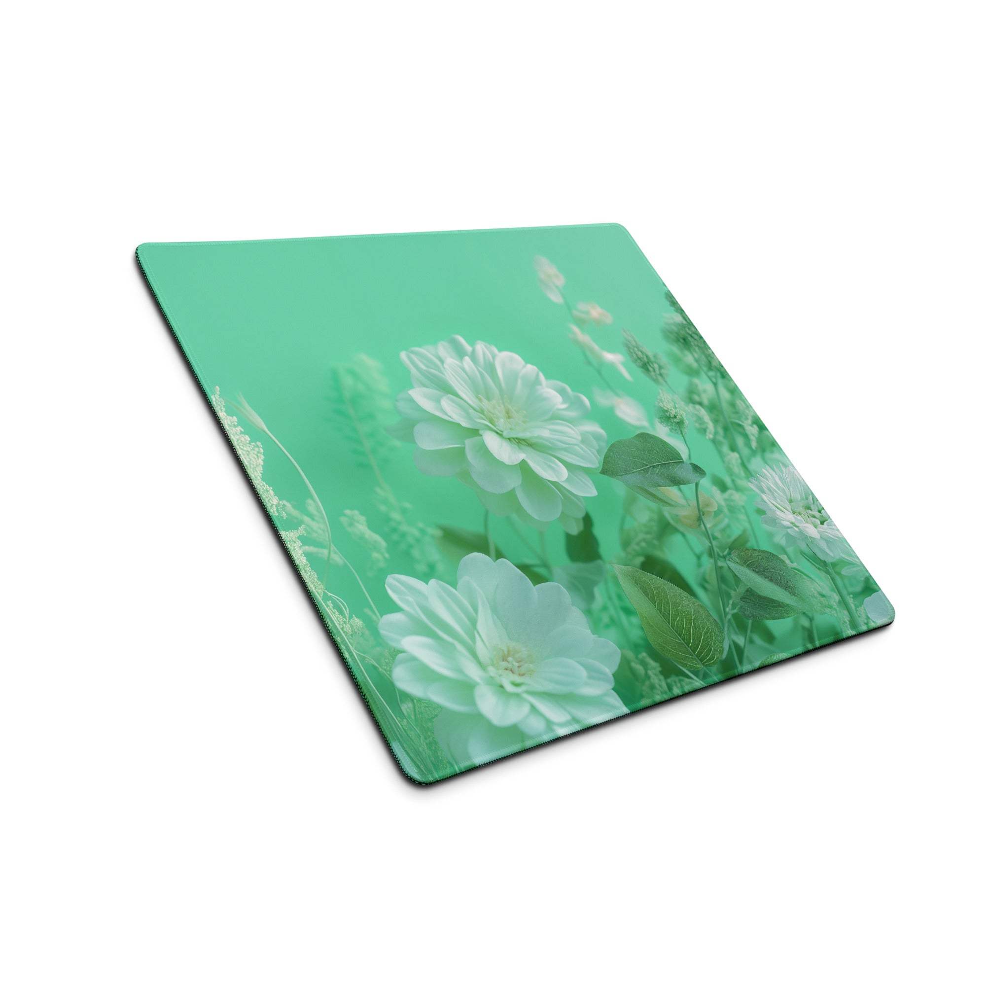 Floral green large gaming mouse pad with mint background, white flowers, non-slip base
