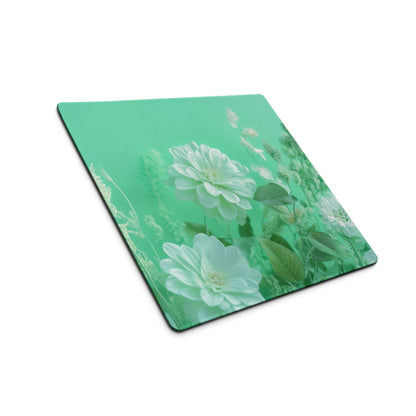 Floral green large gaming mouse pad with mint background, white flowers, non-slip base
