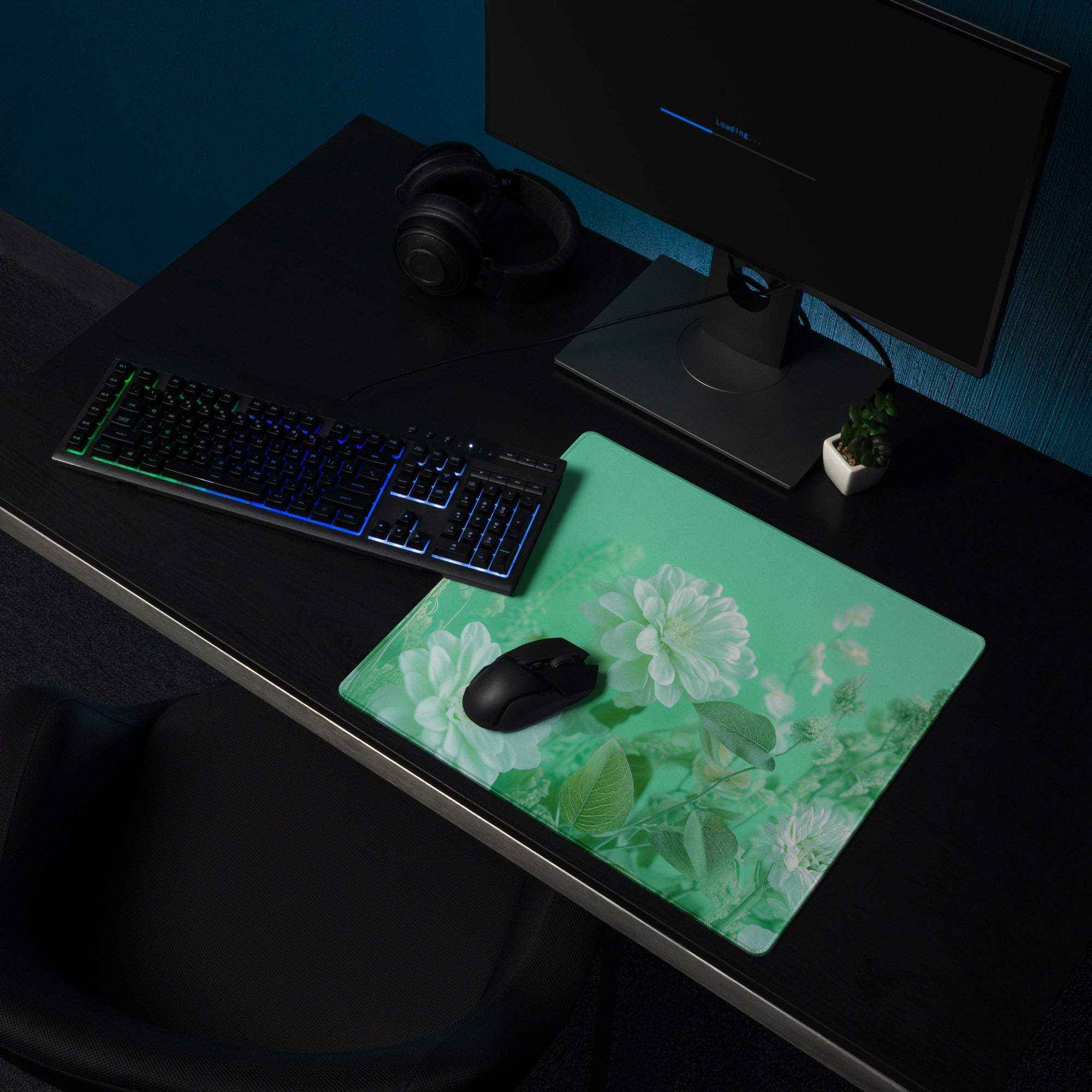 Mint green floral large gaming mouse pad with white blossoms, non-slip base