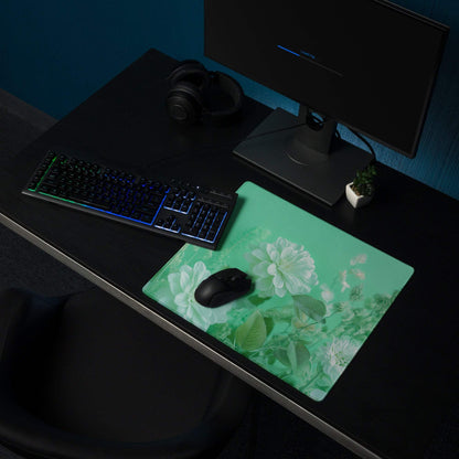 Mint green floral large gaming mouse pad with white blossoms, non-slip base