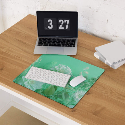 Floral green large gaming mouse pad with blossoms, non-slip base, stitched edges