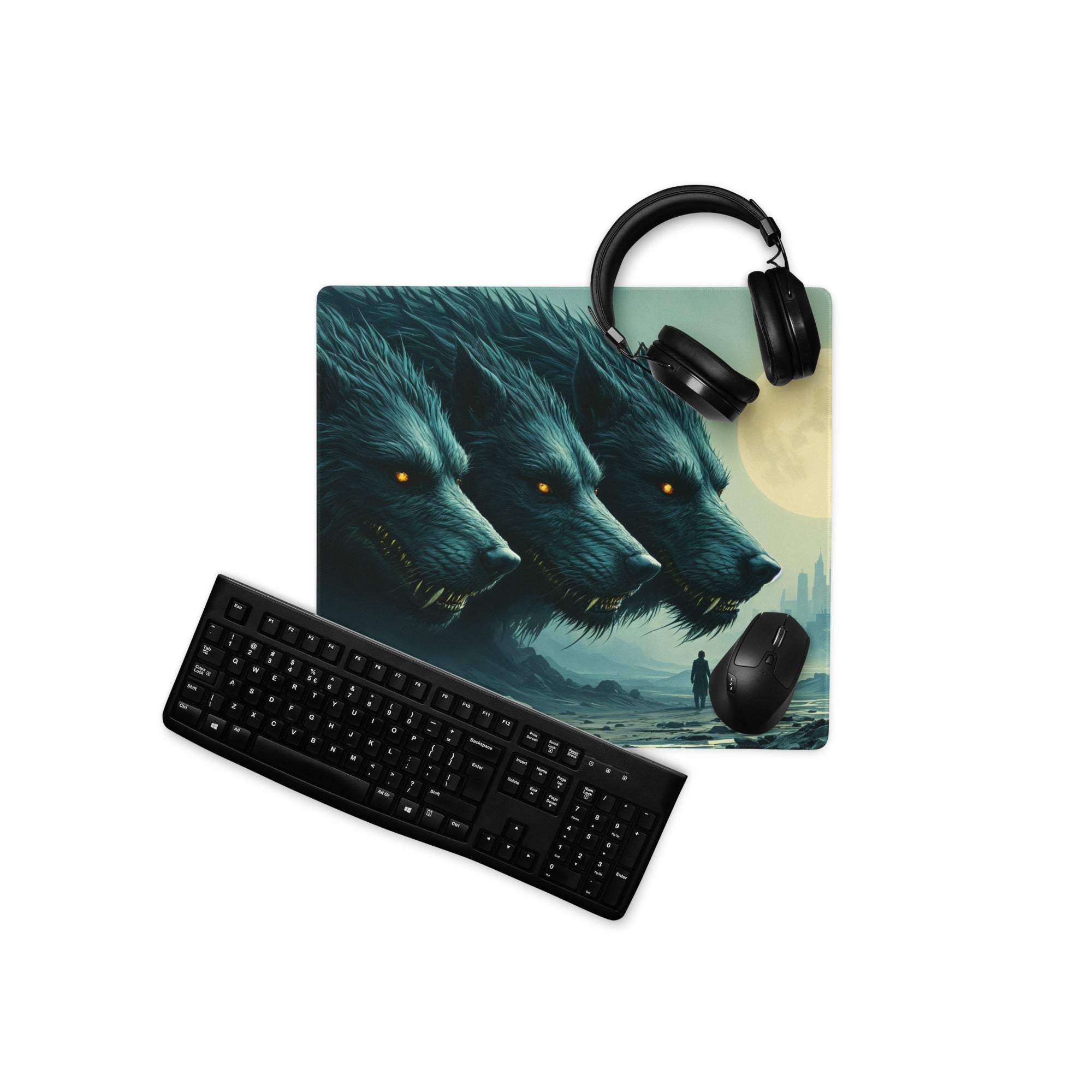 Black matte qwerty keyboard on epic fantasy wolf moonlit gaming mouse pad
