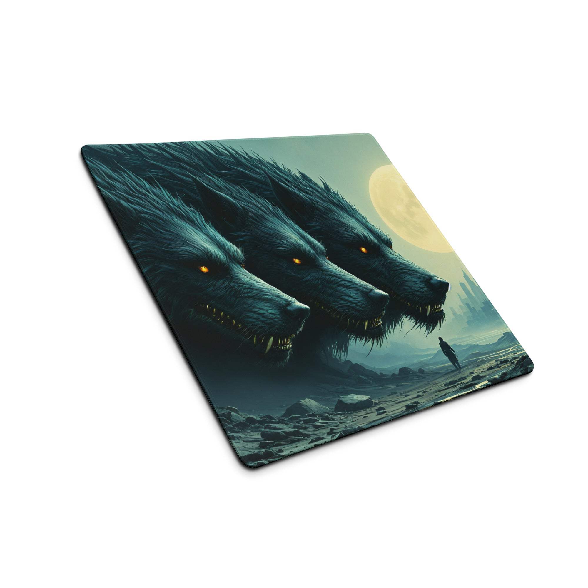 Dark blue black 3-headed wolf mousepad with glowing orange eyes moonlit fantasy landscape