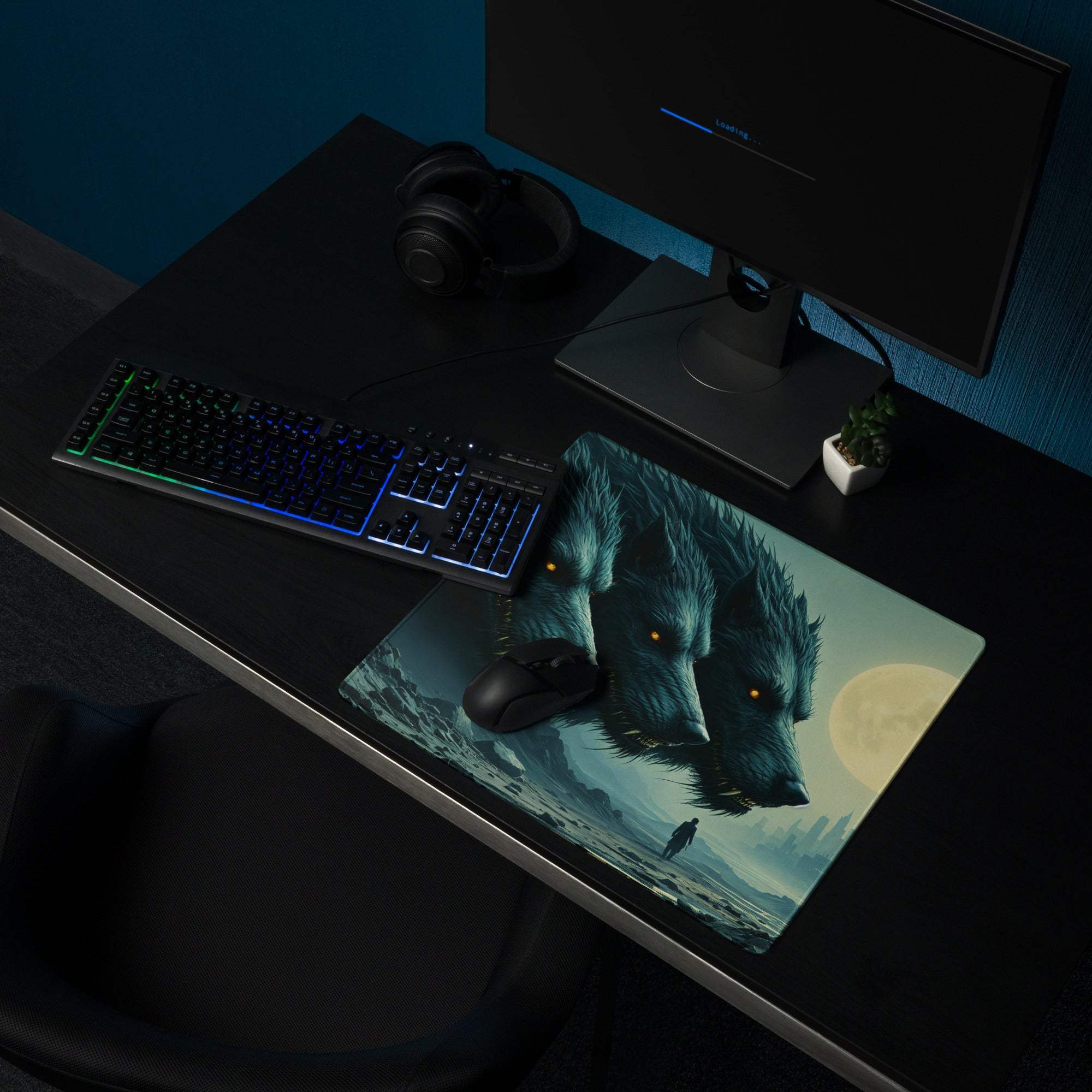 Epic fantasy wolf pack moonlit blues cityscape gaming mouse pad