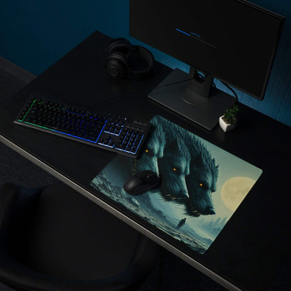 Epic fantasy wolf pack moonlit blues cityscape gaming mouse pad