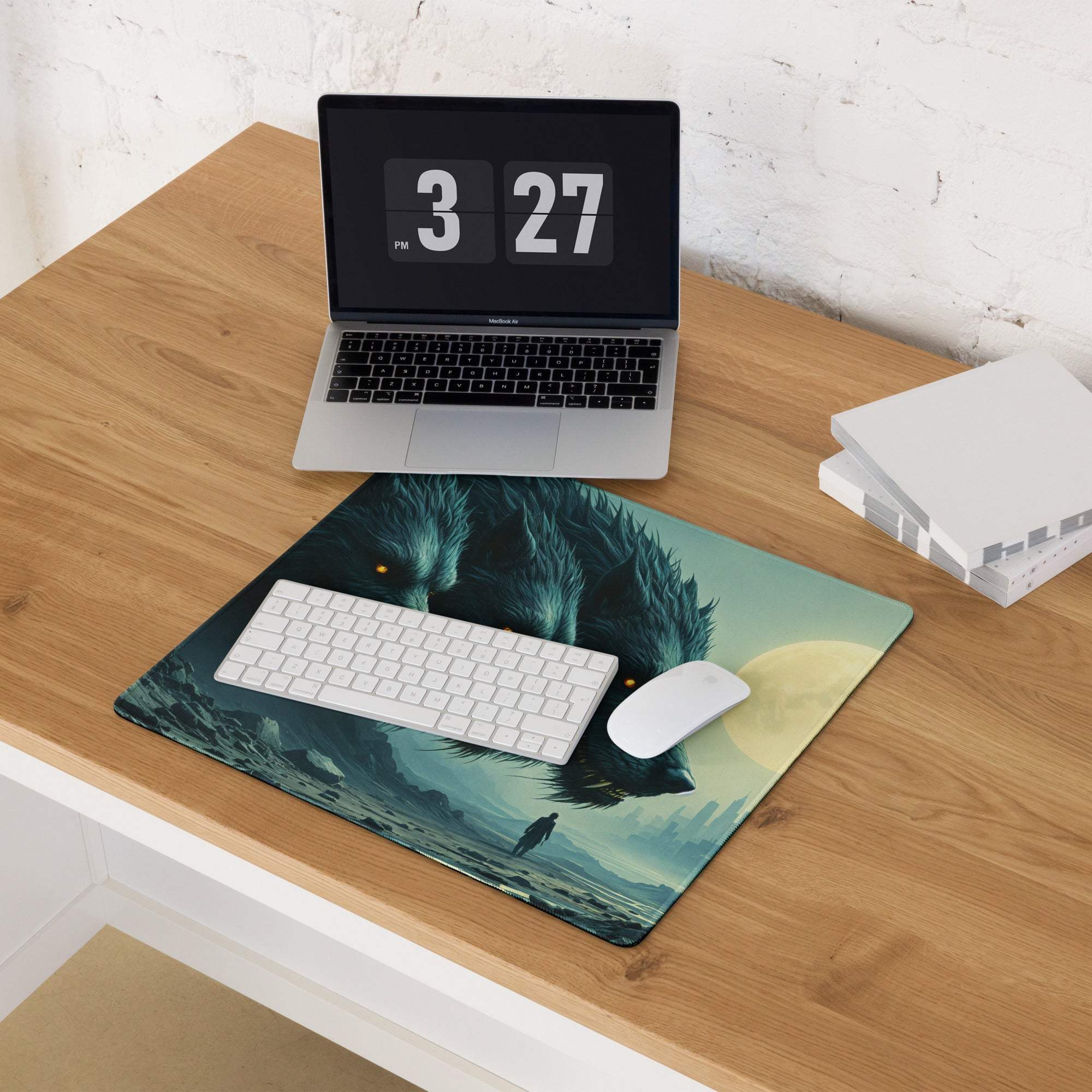 Epic fantasy wolf pack moonlit blues gaming mouse pad with glowing wolf eyes