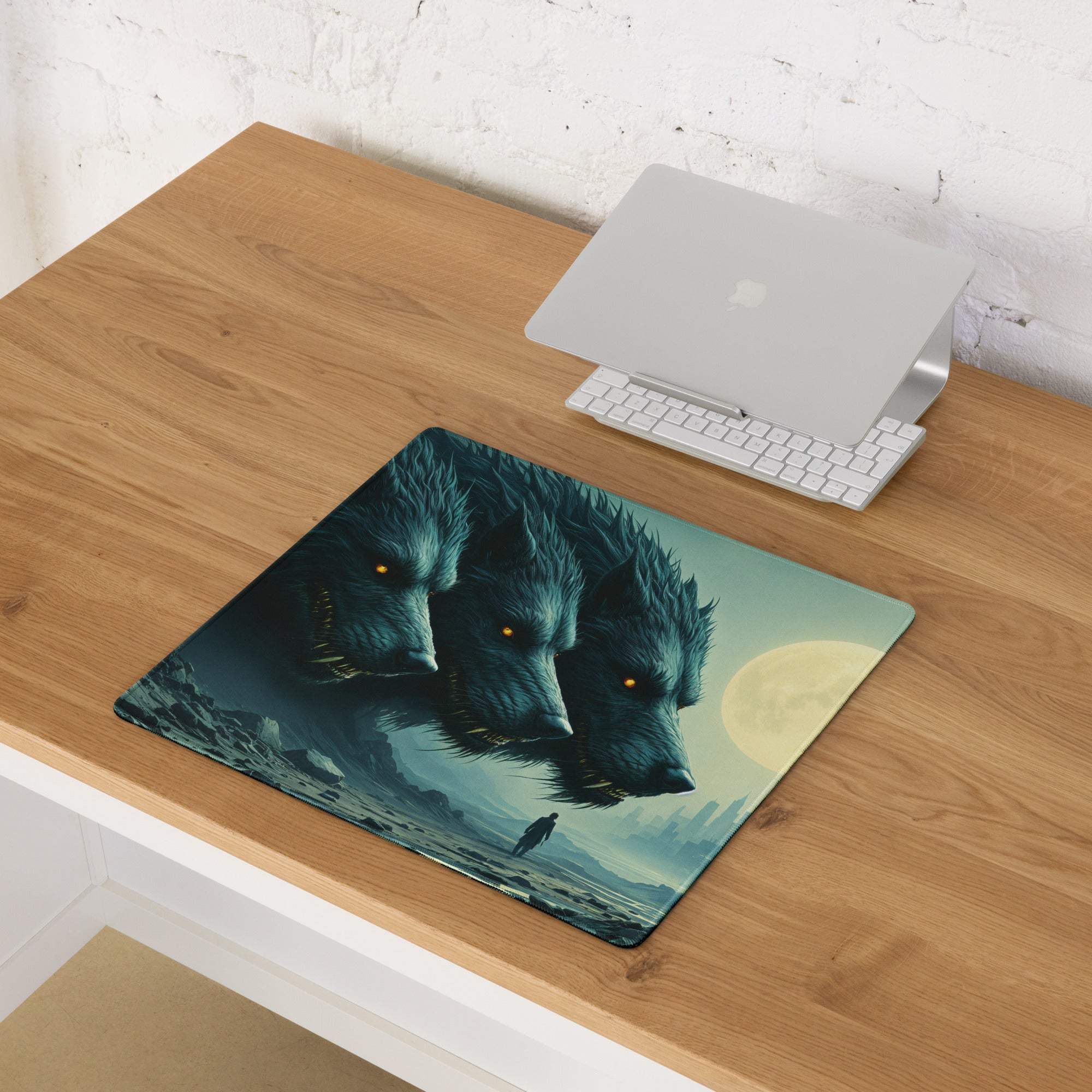 Epic fantasy wolf pack moonlit blues cityscape gaming mouse pad