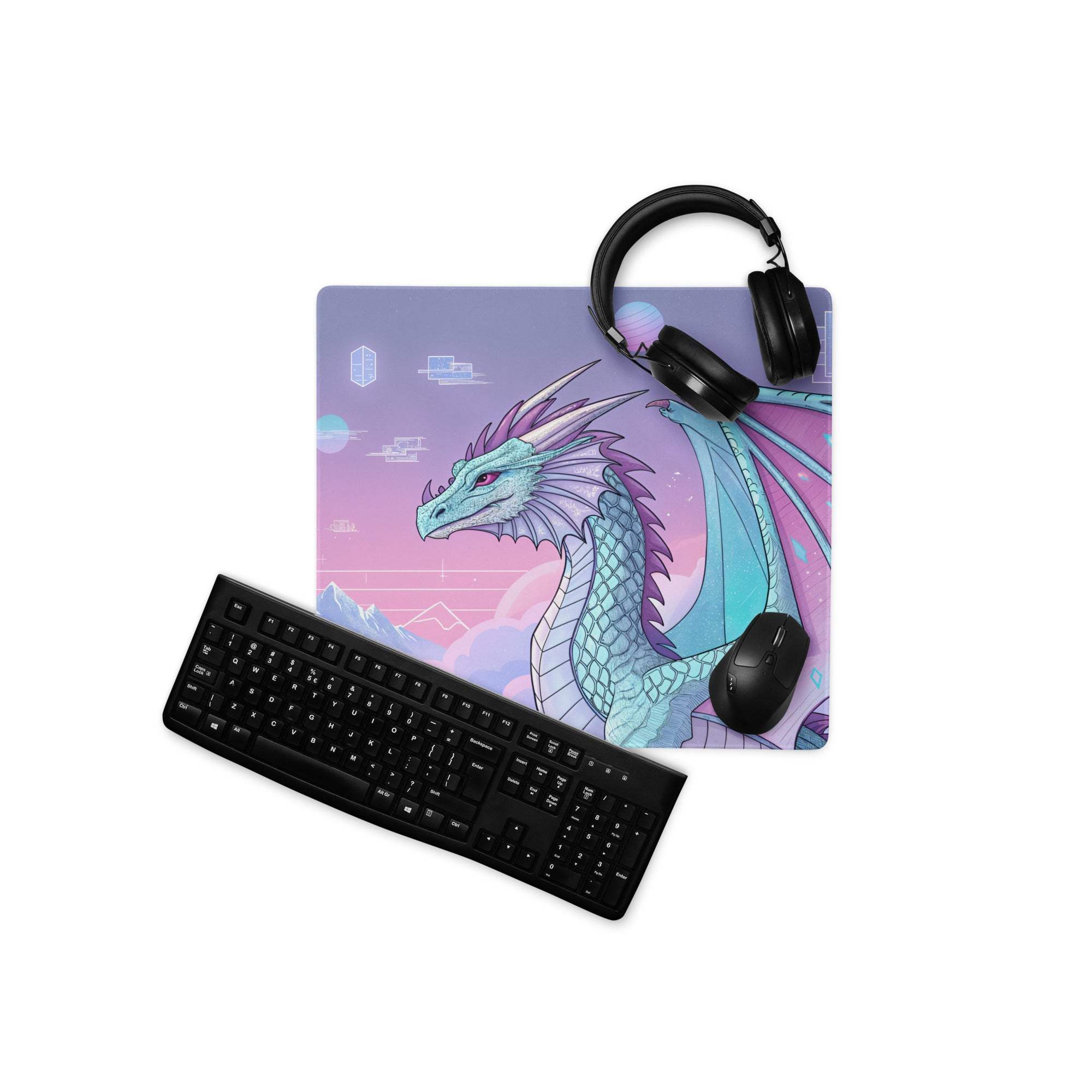 Pastel purple dragon gaming mouse pad with teal design, large size, non-slip base