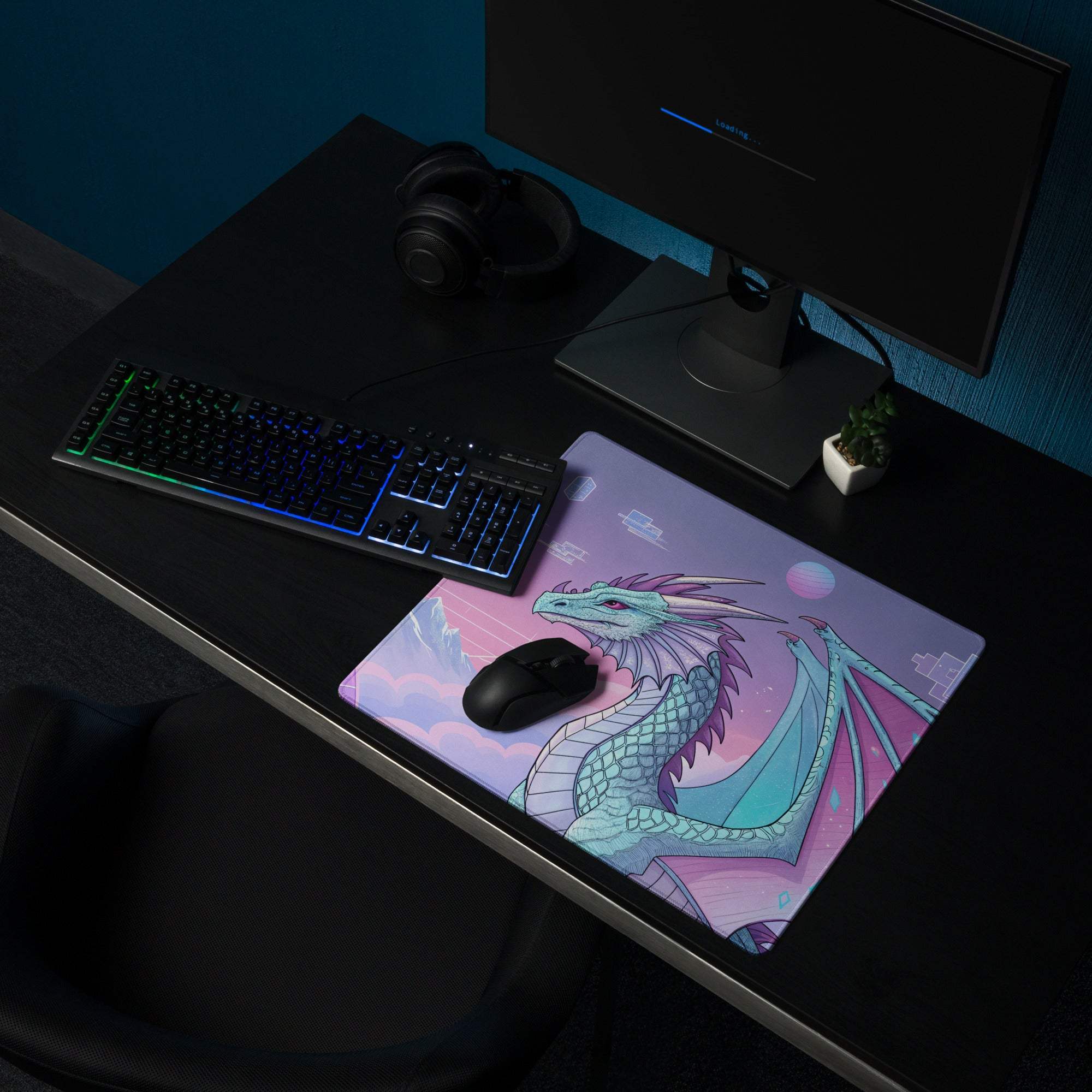 Pastel purple dragon gaming mouse pad with teal design, non-slip base, large size