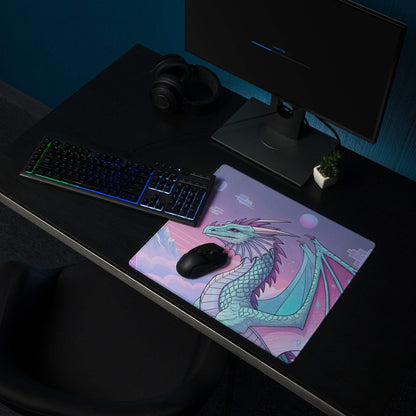 Pastel purple dragon gaming mouse pad with teal design, non-slip base, large size