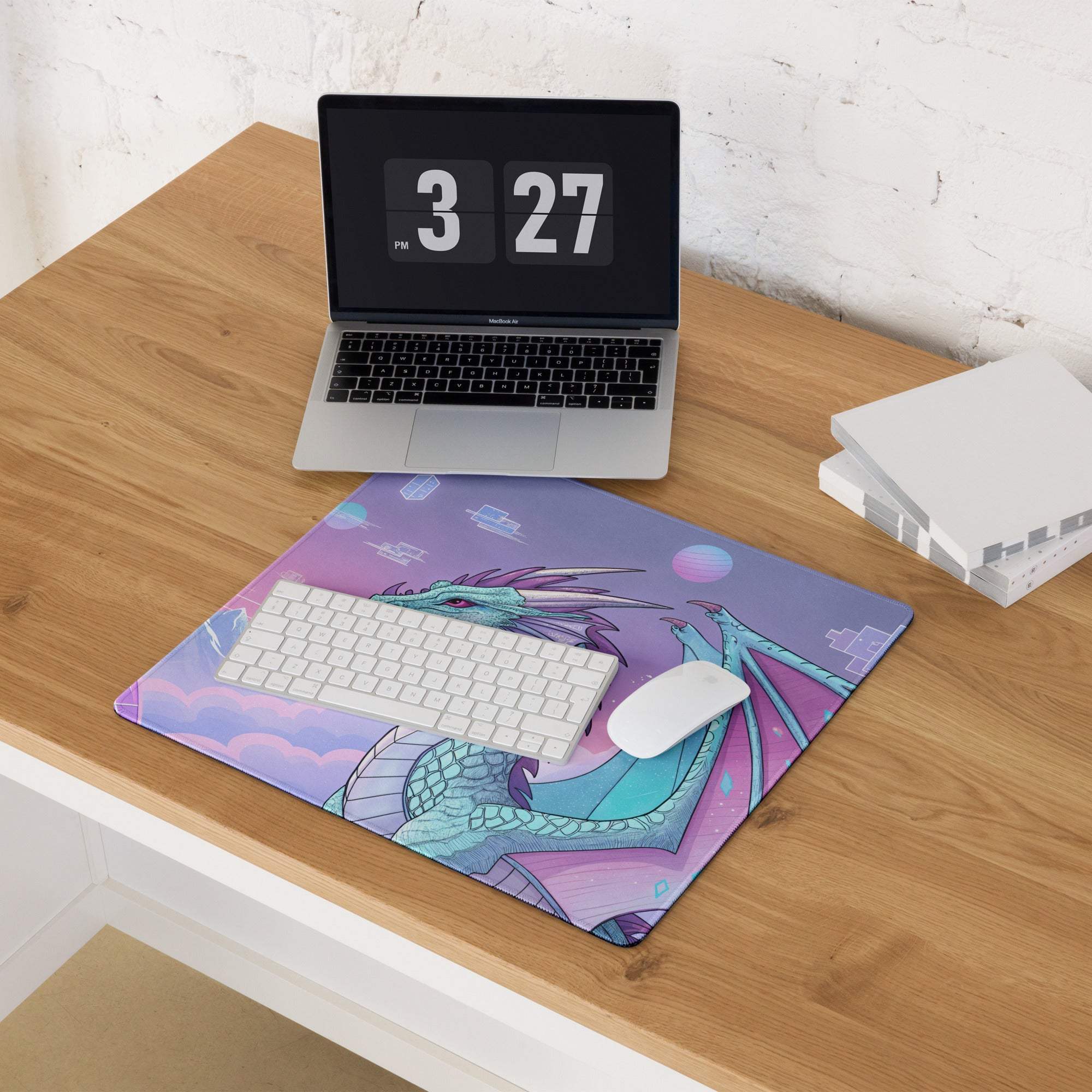 Pastel purple dragon gaming mouse pad with non-slip base and stitching