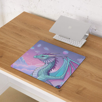Pastel purple dragon gaming mouse pad with teal design, non-slip base, large size