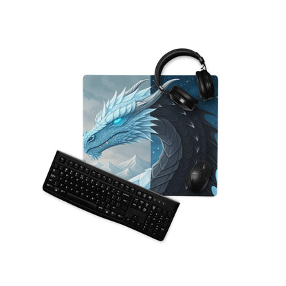 Epic Dragon Landscape Ice Blue Night Theme gaming mouse pad with icy blue dragon