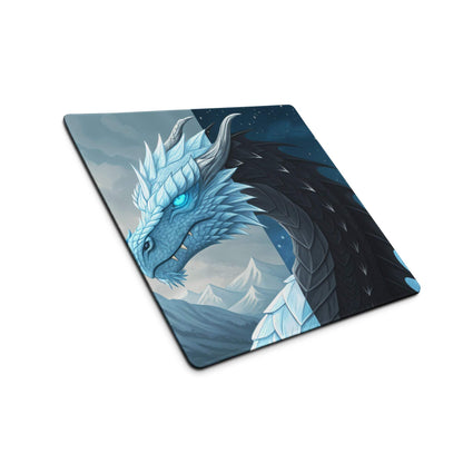 Epic Dragon Landscape Ice Blue Night Theme large gaming mouse pad with icy blue dragon, snowy mountains, glowing eyes, non-slip base