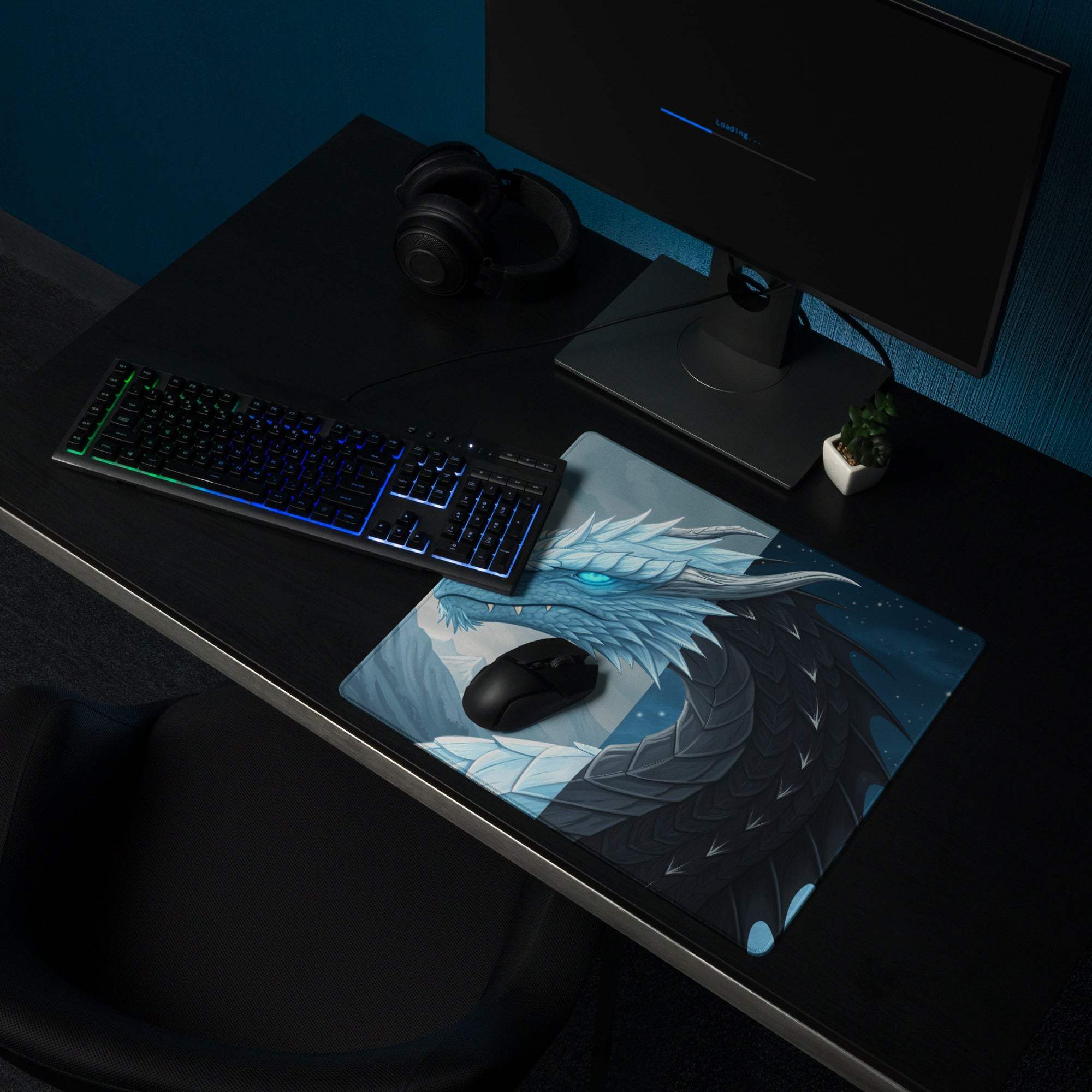 Epic Dragon Landscape Ice Blue Night gaming mouse pad with dragon
