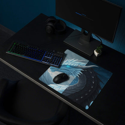 Epic Dragon Landscape Ice Blue Night gaming mouse pad with dragon