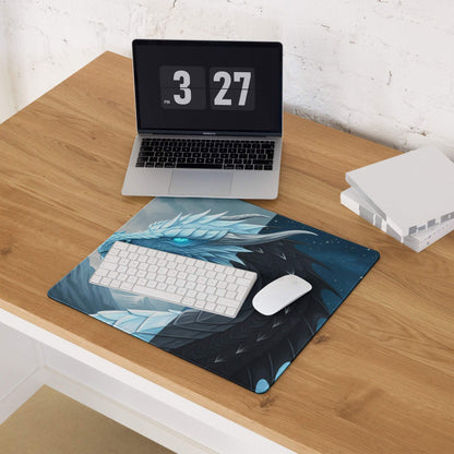 Epic Dragon Landscape Ice Blue Night gaming mouse pad with glowing eye
