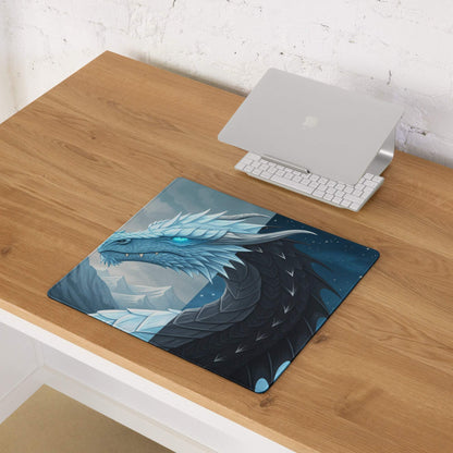 Epic blue black dragon gaming mouse pad with icy mountains starry skies