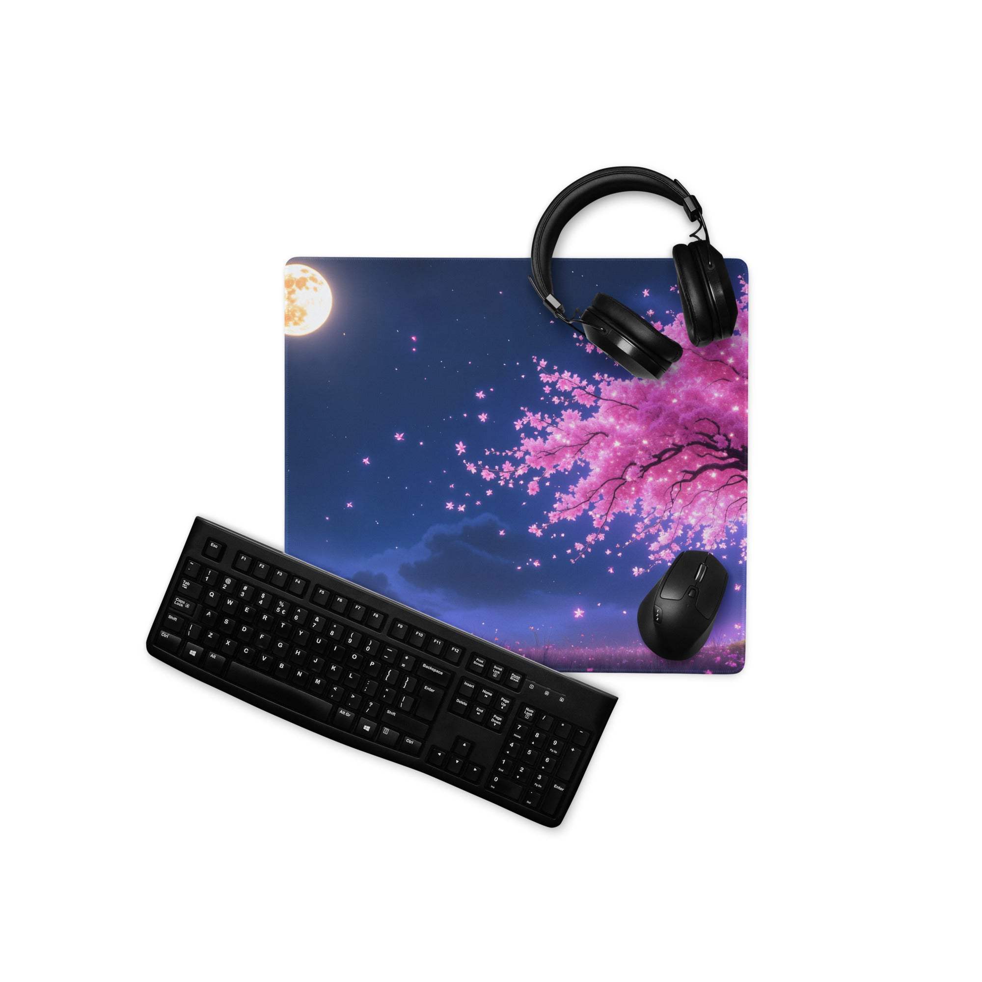 Vibrant night sky cherry blossom large gaming mouse pad with non-slip base