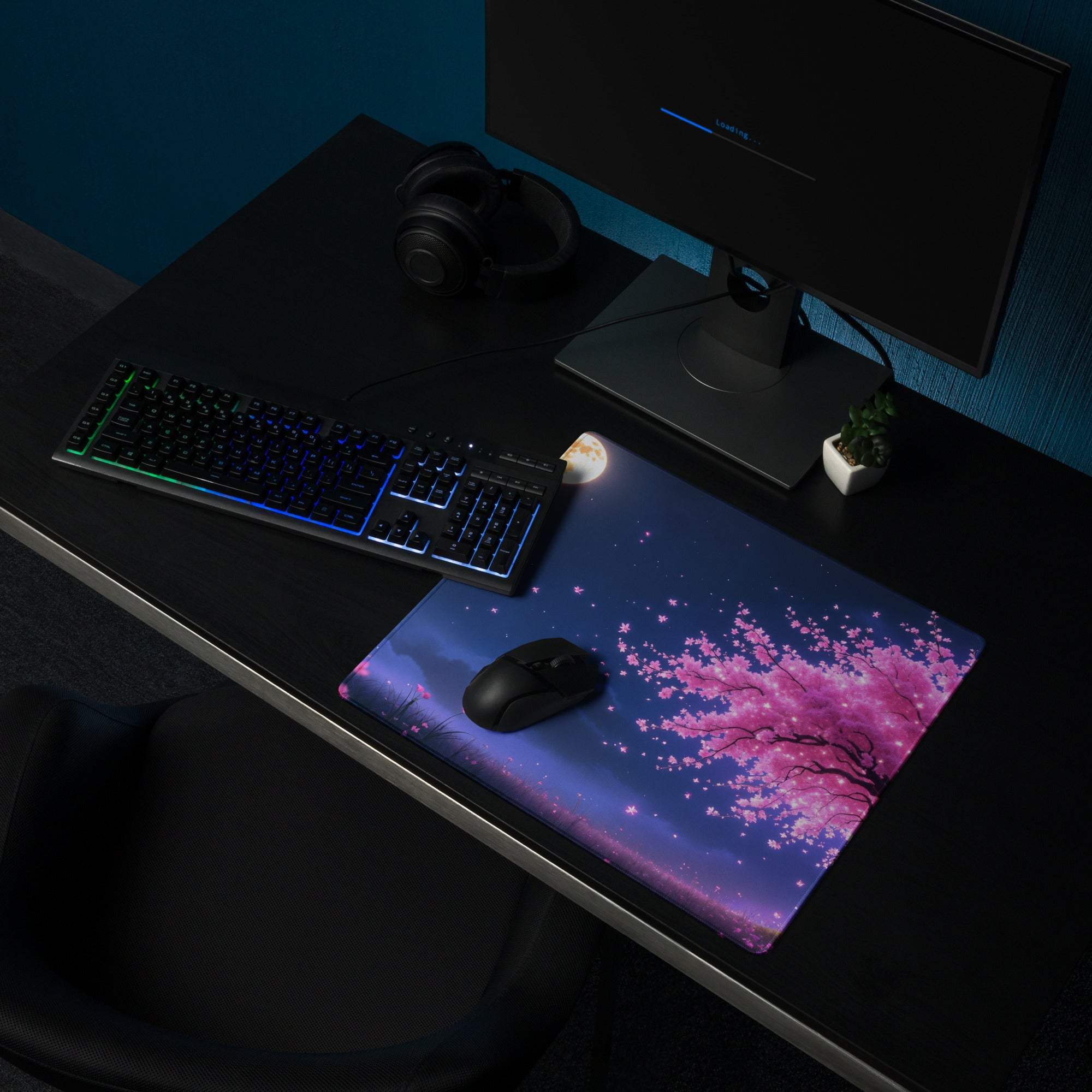 Vibrant pink cherry blossom gaming mouse pad with night sky, non-slip base