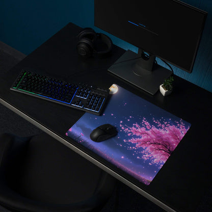 Vibrant pink cherry blossom gaming mouse pad with night sky, non-slip base