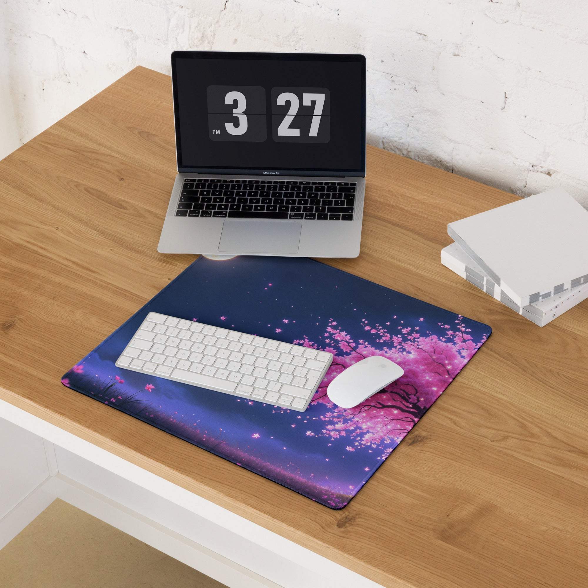 Vibrant pink cherry blossom gaming mouse pad with night sky gradient, large non-slip