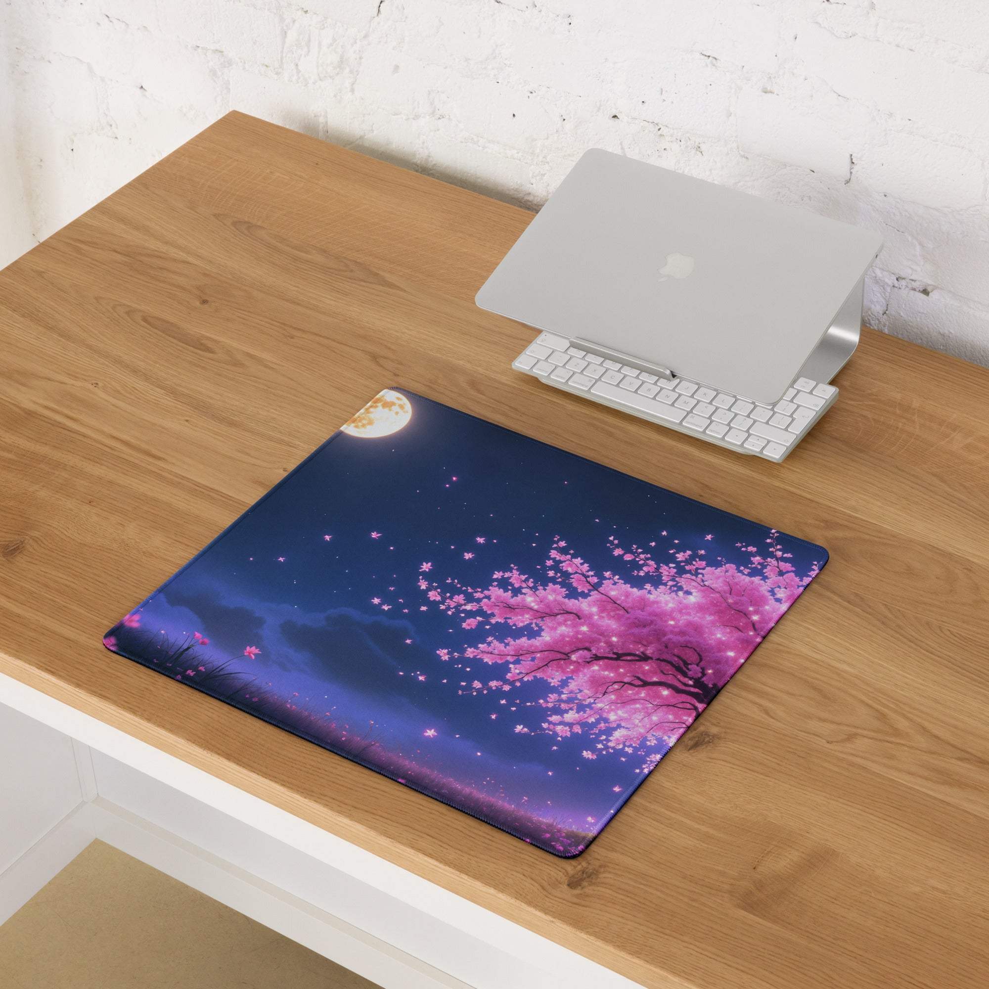 Vibrant pink cherry blossom tree on starry night sky gaming mouse pad