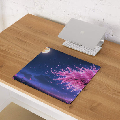Vibrant pink cherry blossom tree on starry night sky gaming mouse pad