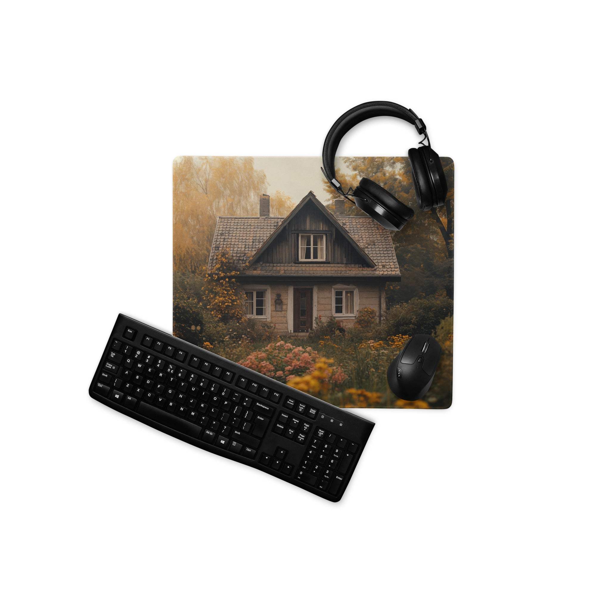 Black matte QWERTY keyboard on cozy autumn cottage garden gaming mouse pad