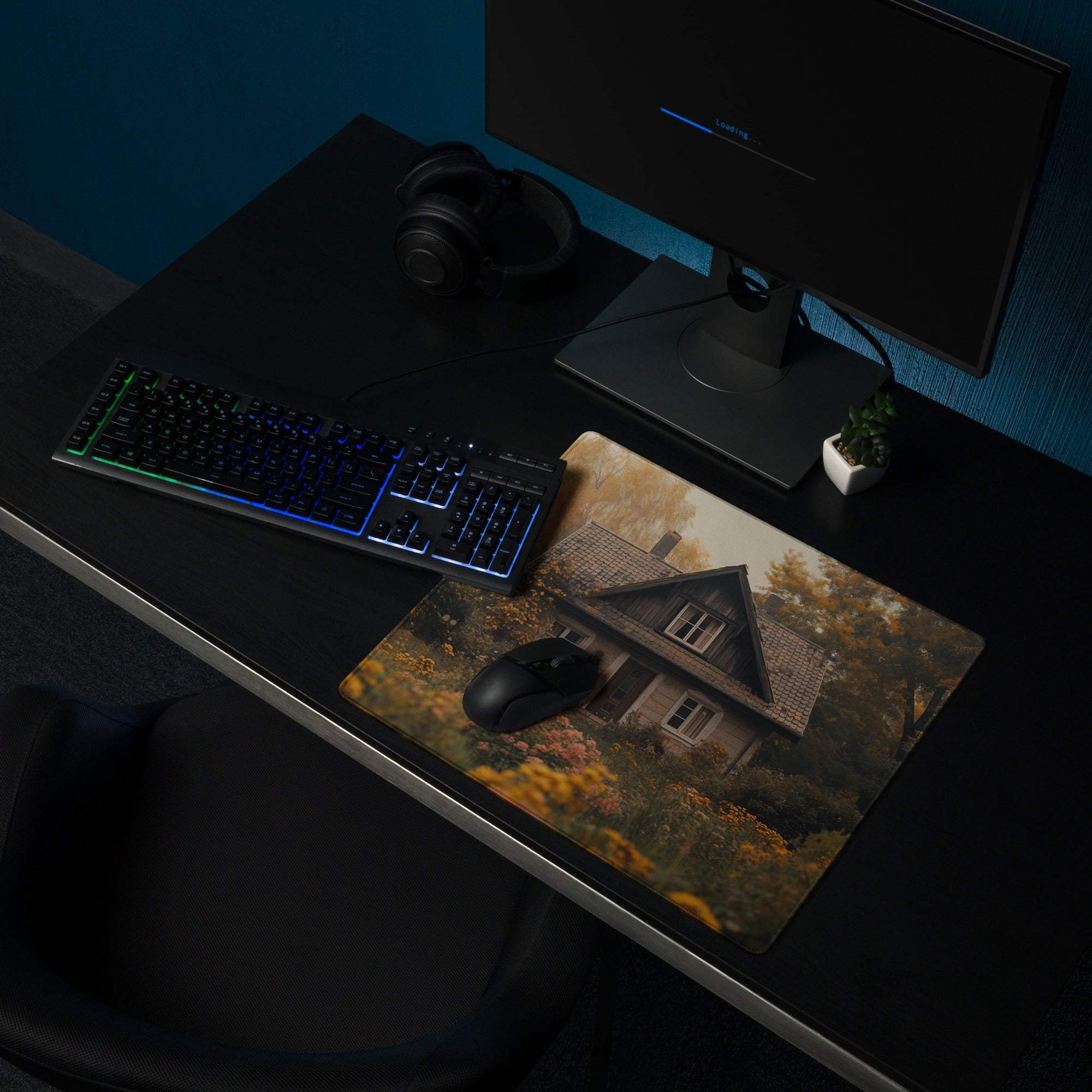 Cozy autumn cottage garden scene large gaming mouse pad with non-slip backing