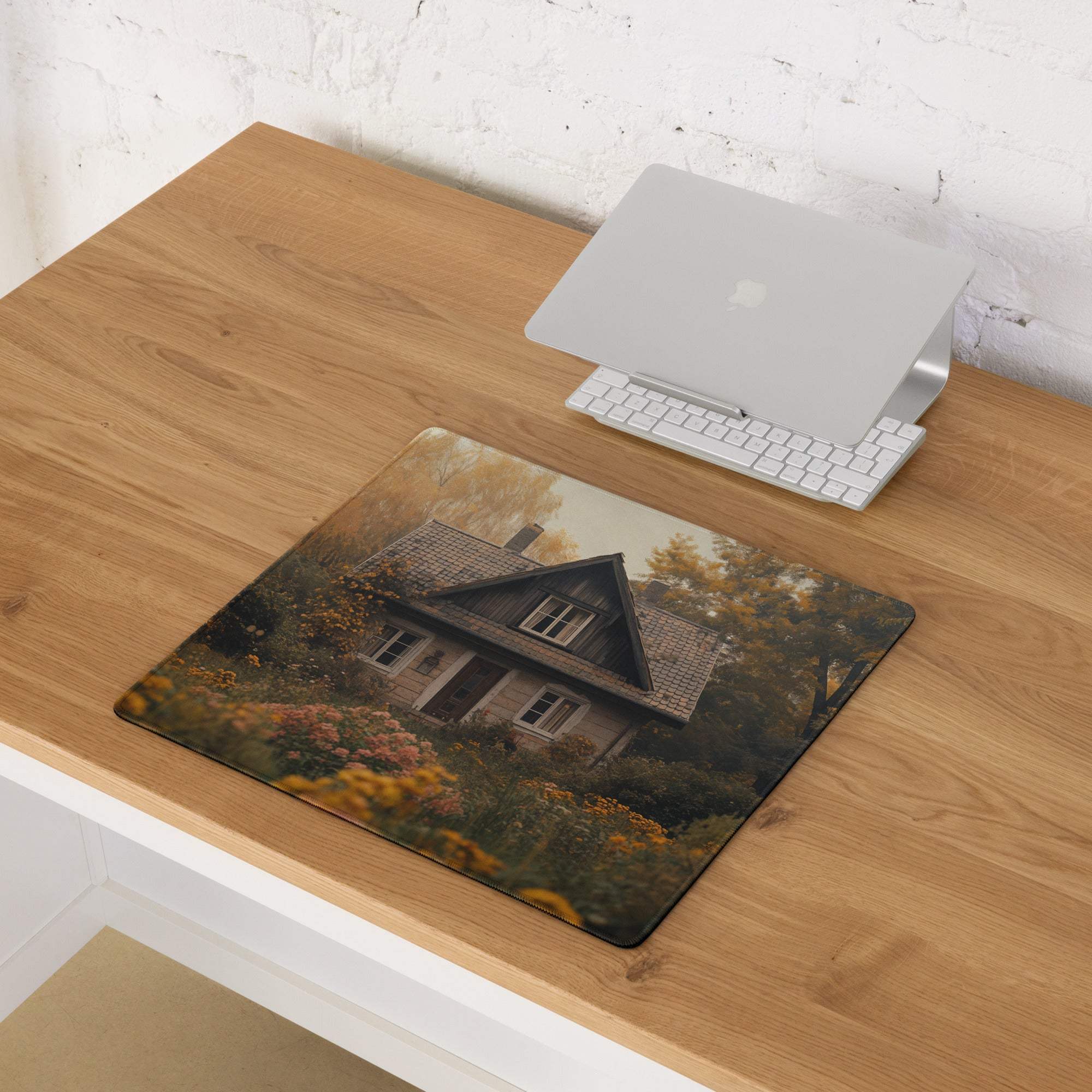 Cozy autumn cottage garden scene large rectangular gaming mouse pad in sepia tones
