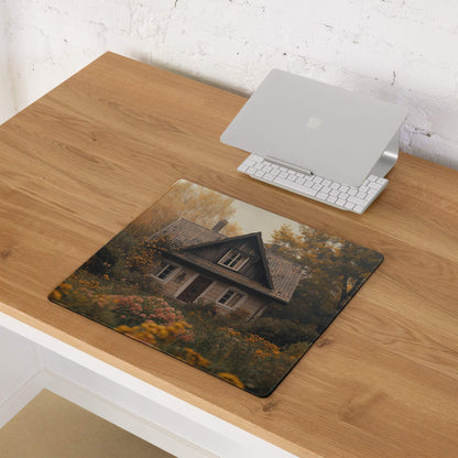 Cozy autumn cottage garden scene large rectangular gaming mouse pad in sepia tones