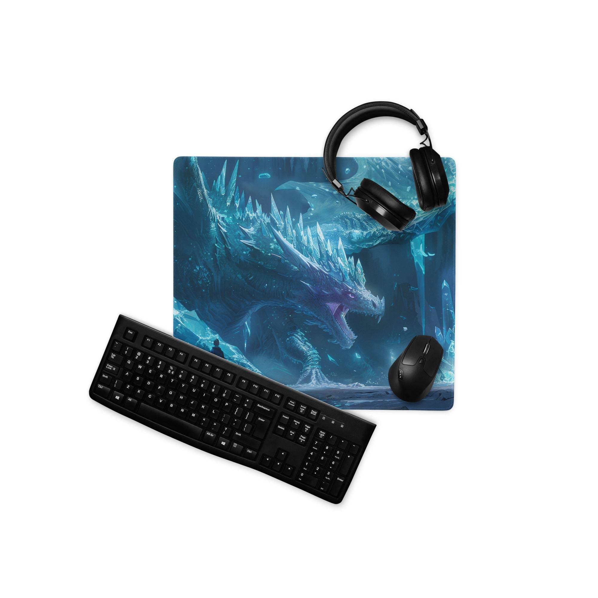 Epic Ice Dragon fantasy gaming mousepad with keyboard and headset
