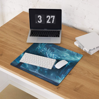 Epic Ice Dragon fantasy gaming mouse pad with blue textured design and non-slip backing