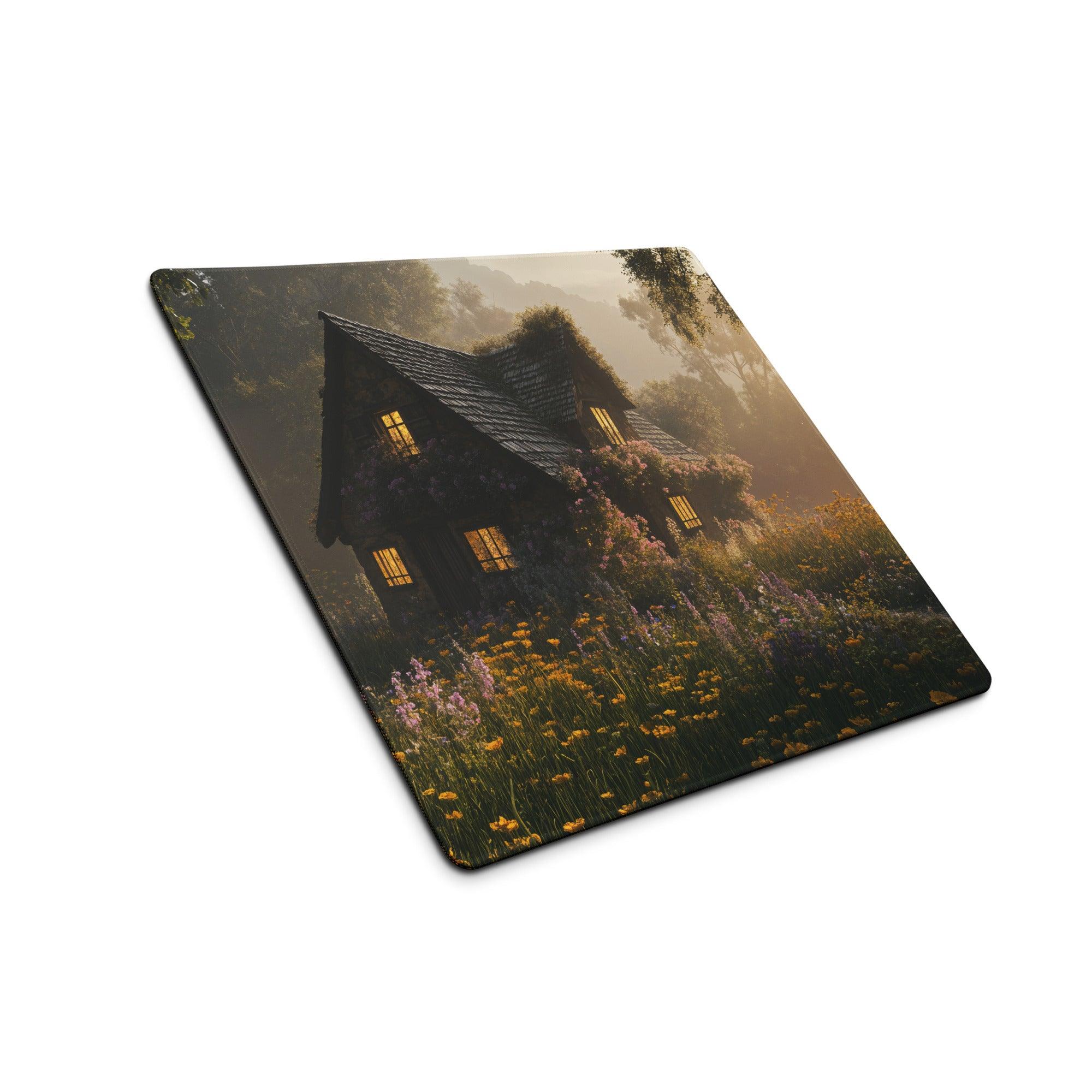 Dreamy cottage garden gaming mousepad with golden hour glow