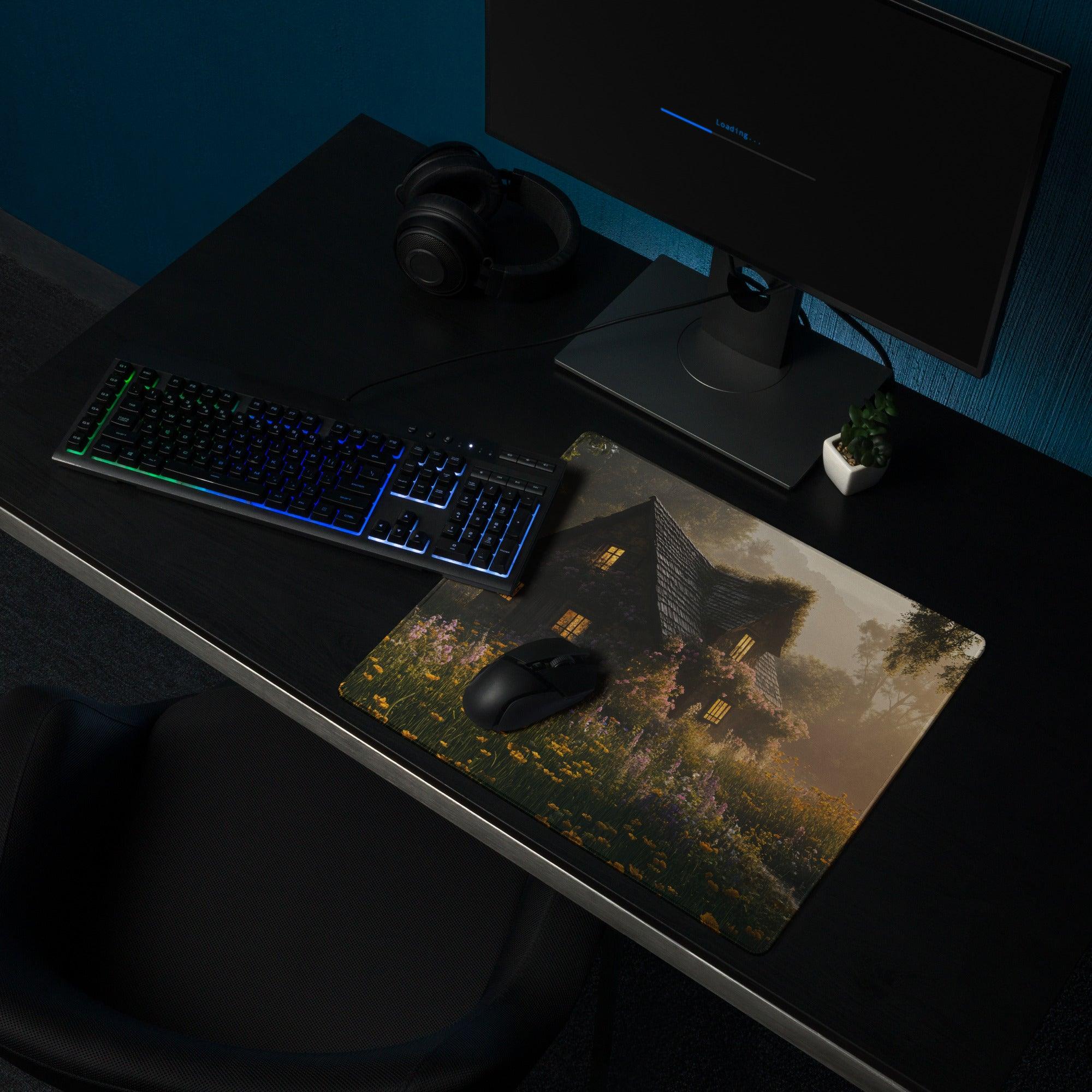 Dreamy cottage garden gaming mousepad with golden hour glow
