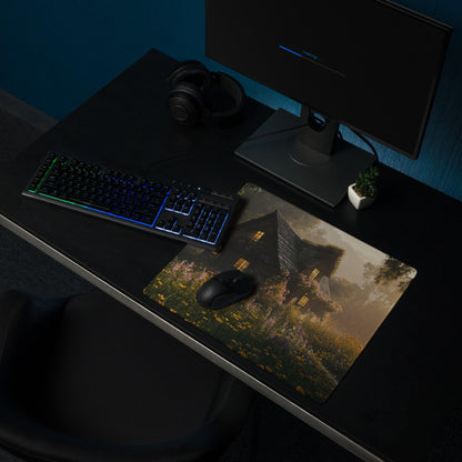 Dreamy cottage garden gaming mousepad with golden hour glow